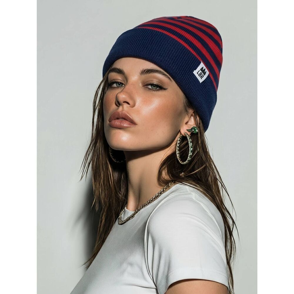 🔺️NWT Red & Blue Striped Beanie Cap Unisex One Size